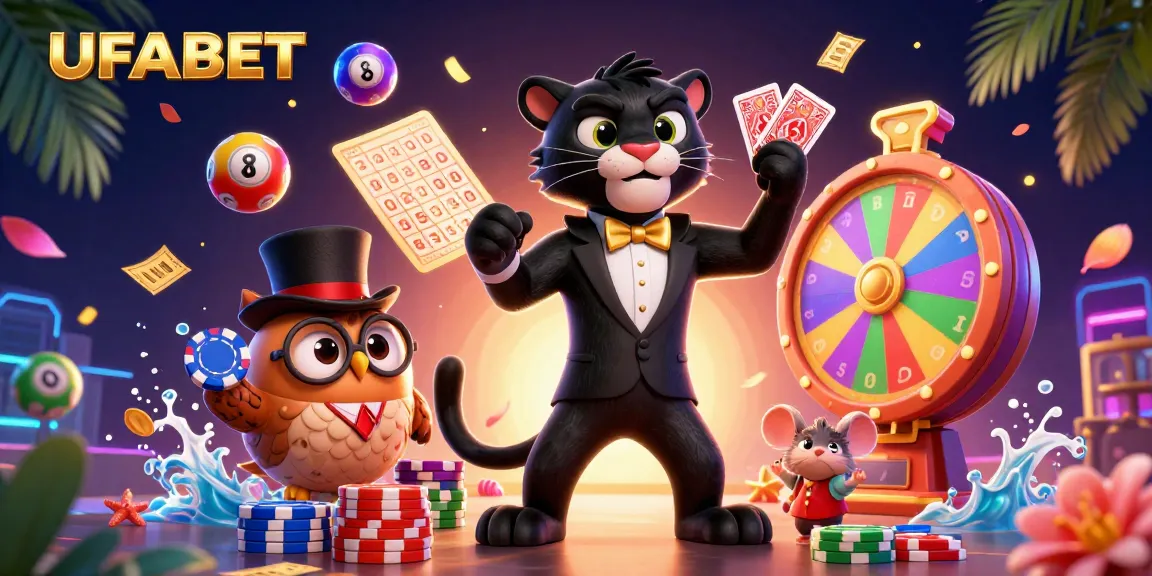 Engage in thrilling gameplay with UFABET's vibrant lottery and casino characters in a dynamic 3D scene.