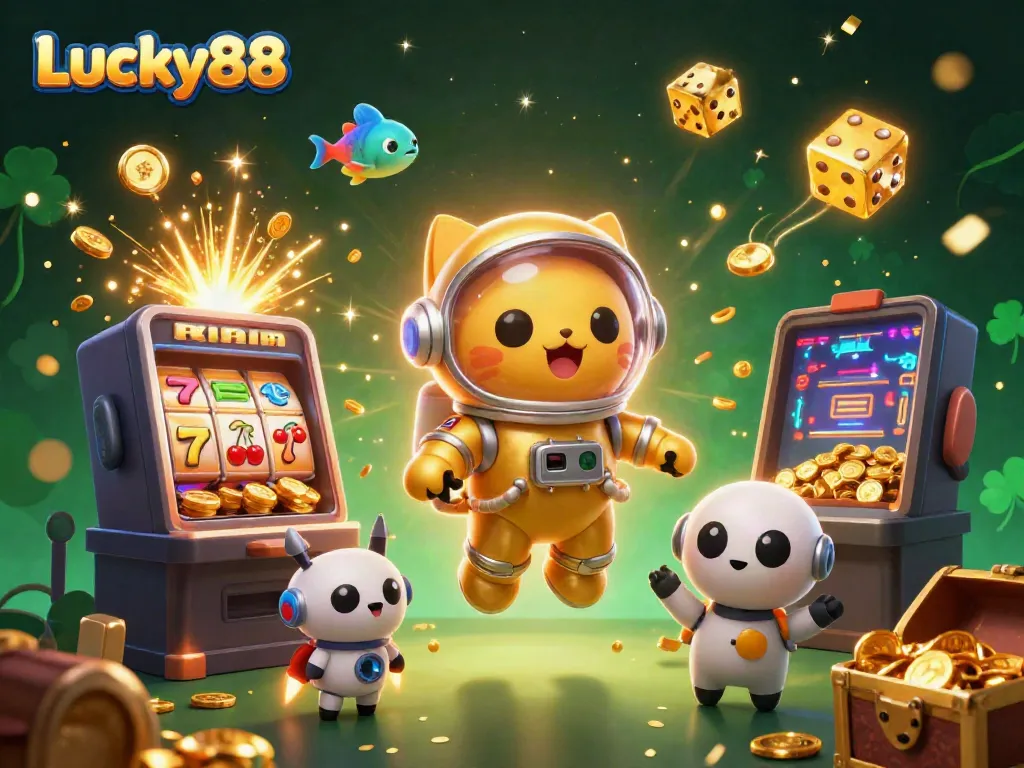 Experience the excitement of Lucky88 with a thrilling cosmic cat and jackpot symbols in a vibrant digital illustration.