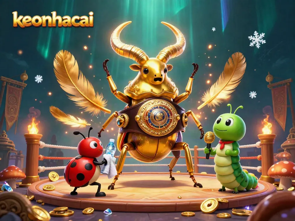 Experience keonhacai with a stunning 3D illustration featuring a boxing beetle, ladybug, and caterpillar in a vibrant casino atmosphere.