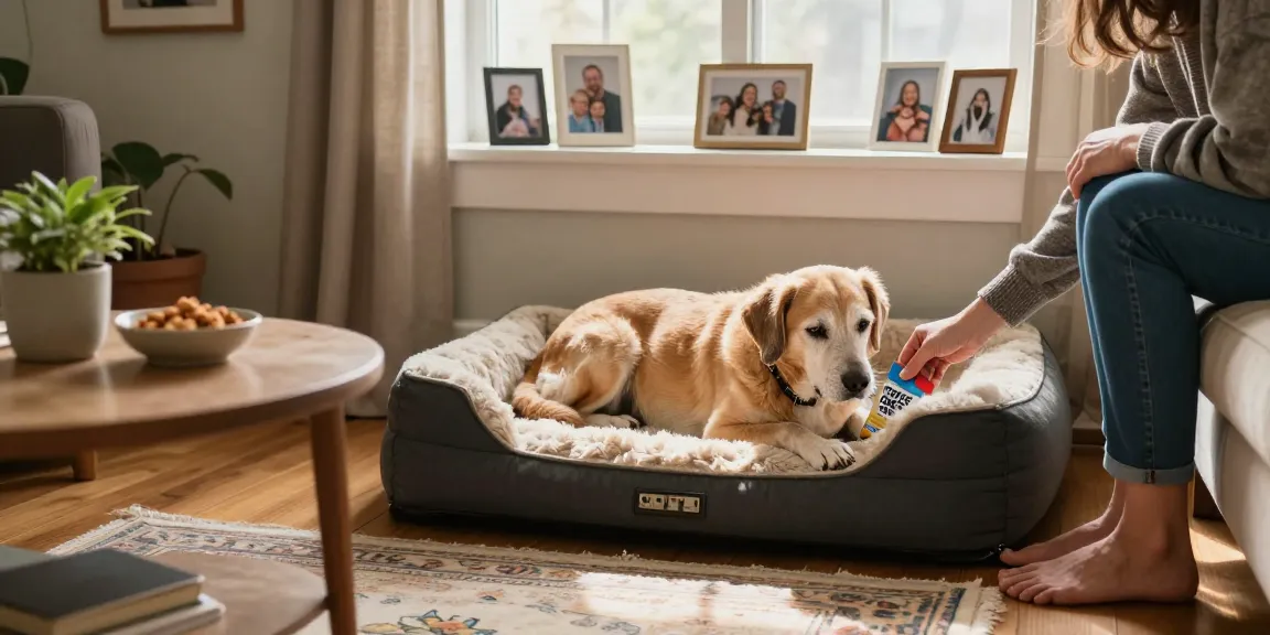 Calm scene of a senior dog with CBD treats to promote relaxation; shop here for quality pet care.