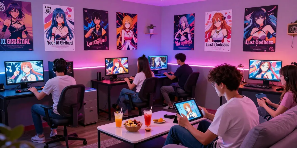 Engaging scene of friends enjoying html ecchi games in a cozy gaming lounge with tablets and laptops.