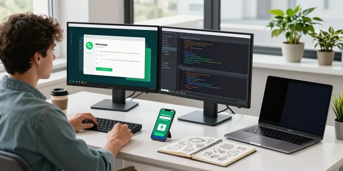 Developer at a modern workspace focused on WhatsApp下載, showcasing coding, productivity tools, and an organized environment.