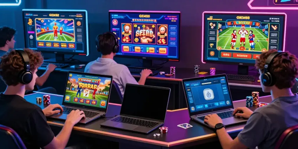 Engaged players enjoying diverse digital games on http://gem88-mobile.com in a vibrant gaming environment.