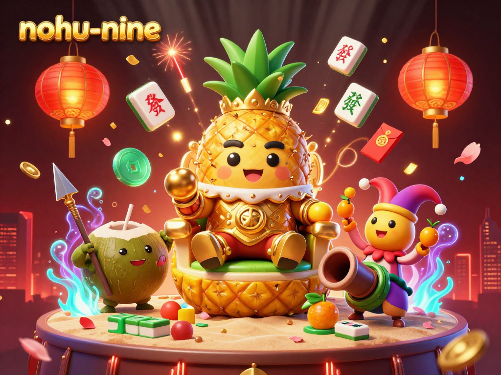 Engage with nohu-nine's exciting casino illustration featuring vibrant characters and gold elements in a beach setting.