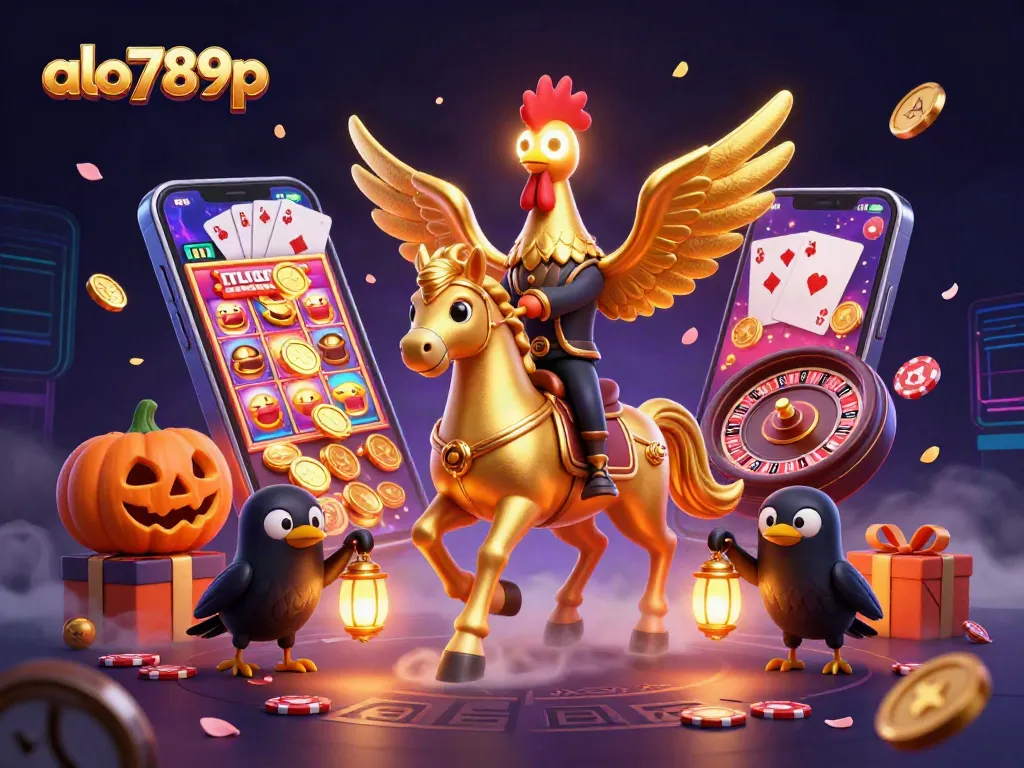 Spin to win at alo789p with a vibrant slot game scene featuring a golden rooster mascot.