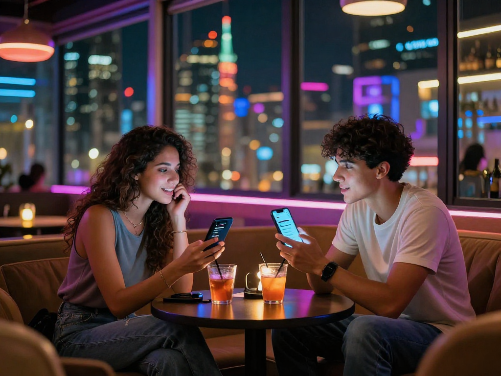 Engaging in AI sex chat within a vibrant urban lounge, showcasing modern conversation dynamics.
