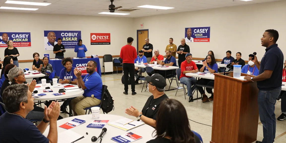 Casey Askar engaging with voters in a community center during a town hall meeting.
