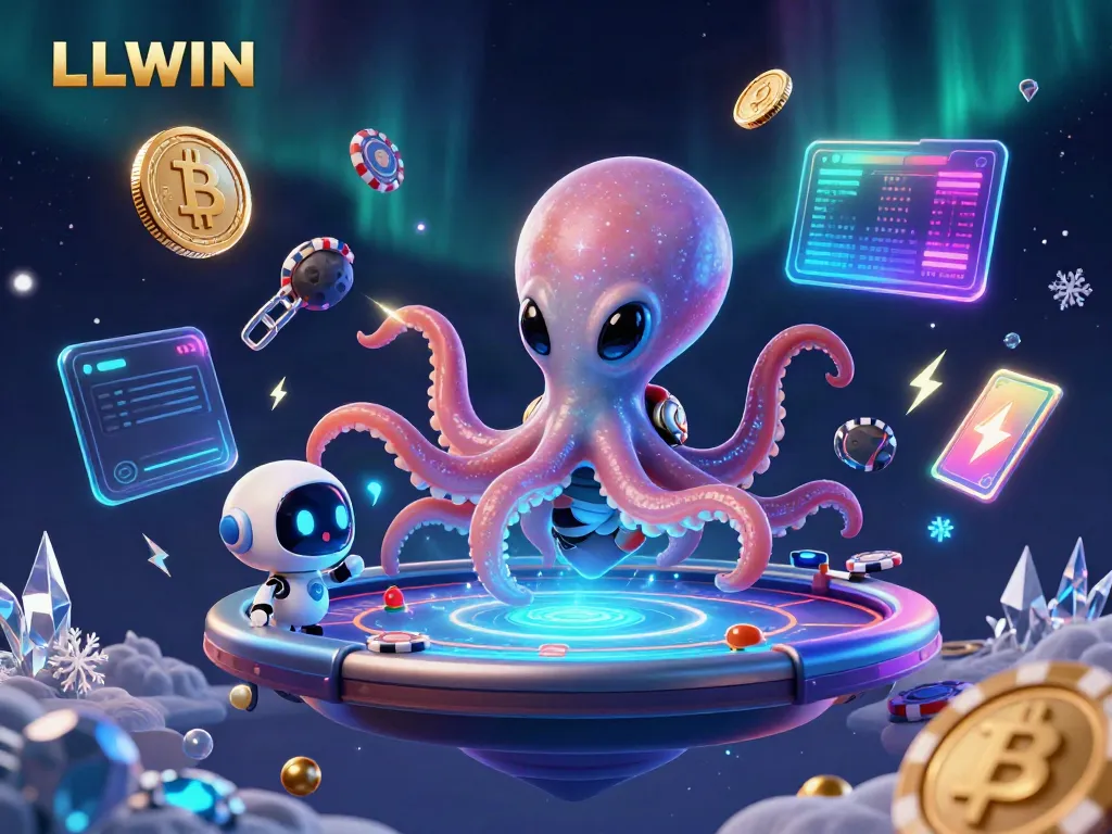 LLWIN alien octopus conquering a dynamic poker scene with crypto elements, showcasing gambling excitement.