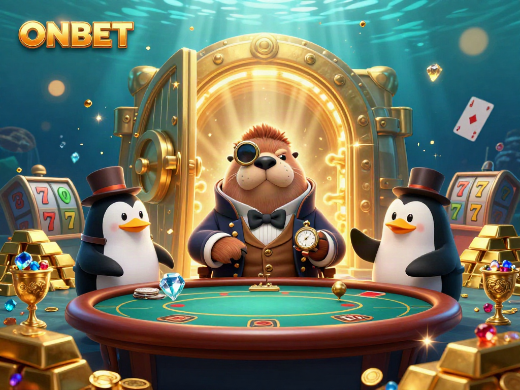 Play exciting poker with ONBET's vibrant 3D walrus and friends at an underwater table.
