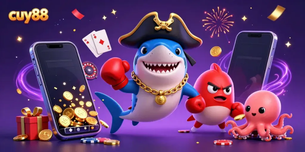 Engage with the vibrant world of cuy88, where an animated pirate shark, pufferfish, and octopus enjoy dynamic casino gaming.