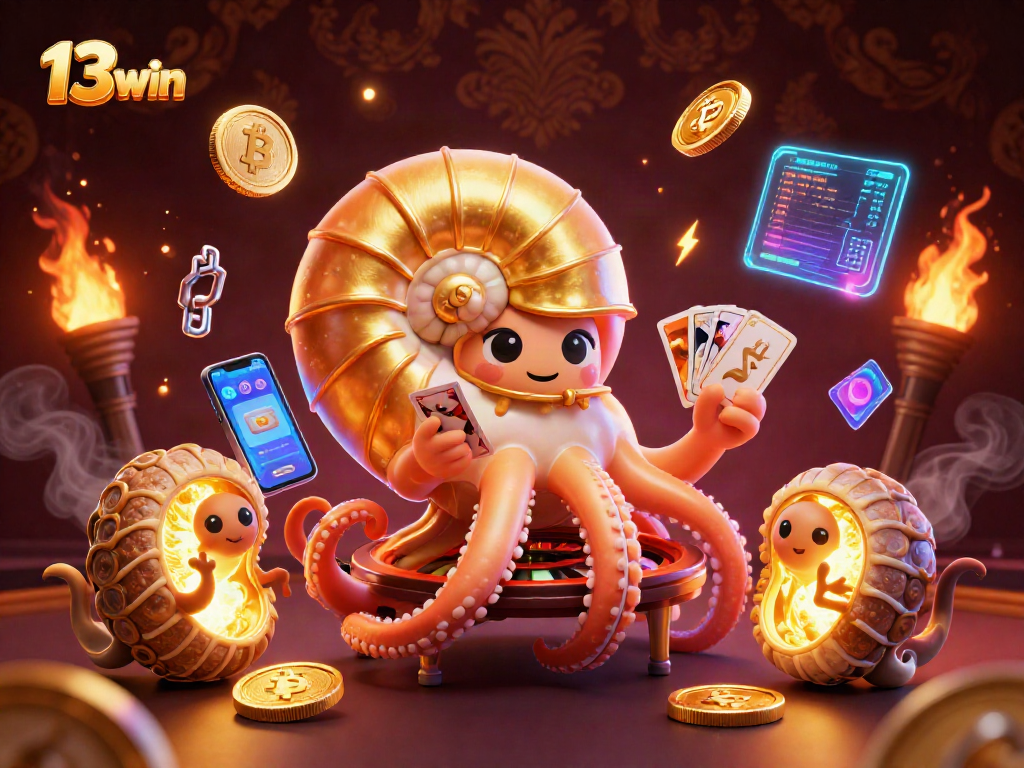 Experience vibrant gameplay with 13win in this 3D casino illustration showcasing crypto elements.