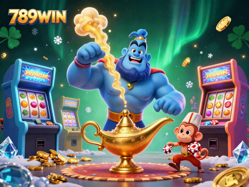 Experience excitement at 789WIN with an illustration showcasing a magical casino adventure filled with playful characters.