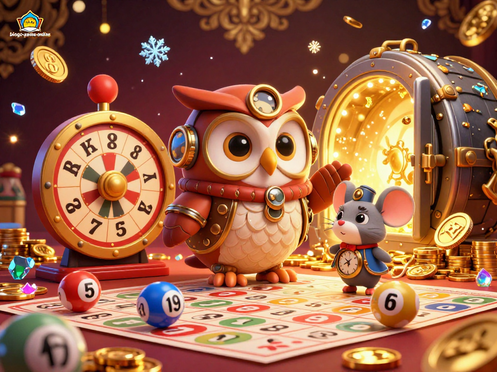 Experience the thrill of bingo-game-online with a vibrant bingo scene featuring a steampunk owl and dynamic game elements.