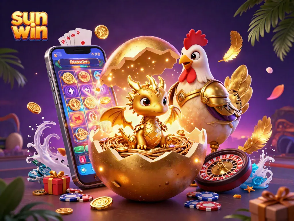 Experience epic wins at sun win's casino with a golden dragon amidst vibrant gaming elements.