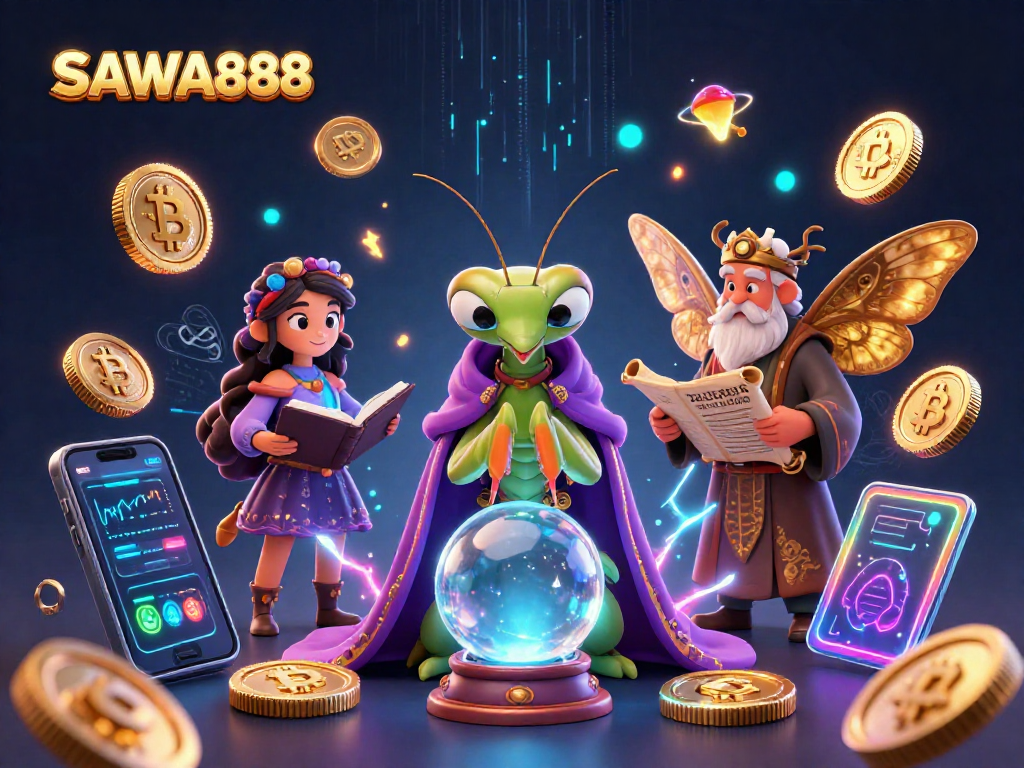 Experience SAWA888's vibrant casino world with enchanting characters and crypto elements.