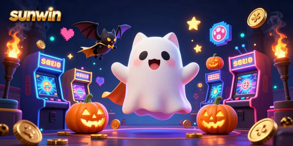 Experience thrilling fun at sunwin with ghost cat and vampire bat in a haunted casino atmosphere.