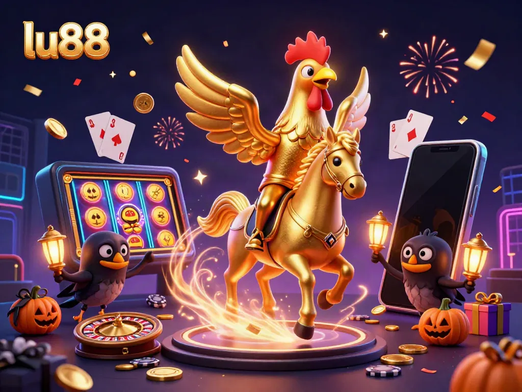 Experience vibrant gaming at lu88 with golden rooster and spectral horse in a festive casino.