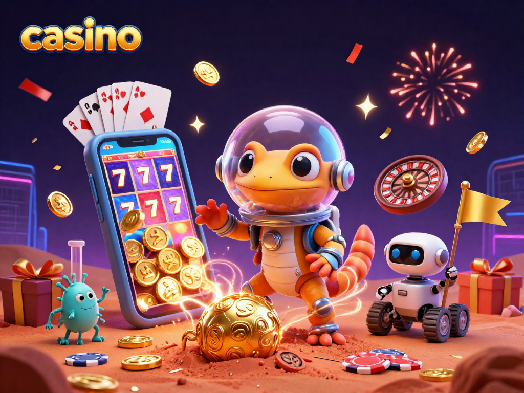 Casino adventure with a Martian gecko and golden jackpot elements amidst vibrant confetti.