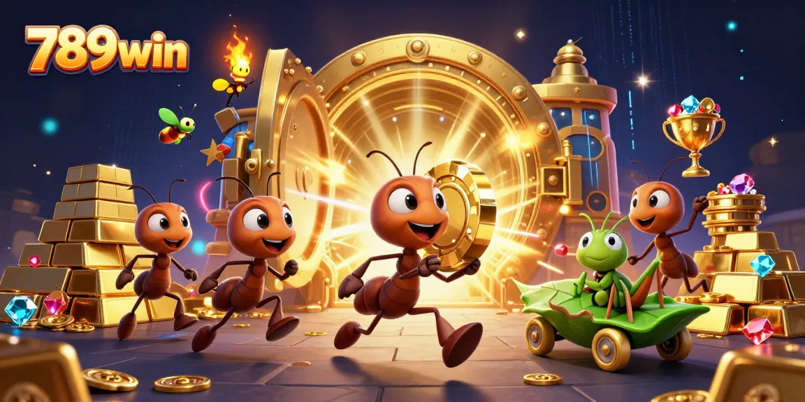 Engage in thrilling gameplay with 789win and a heist scene featuring cartoon ants and gold!