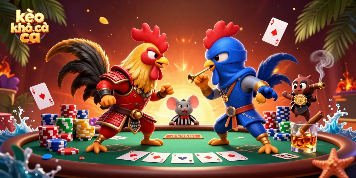 Engaging kèo nhà cái scene featuring roosters, poker elements, and dynamic casino atmosphere.