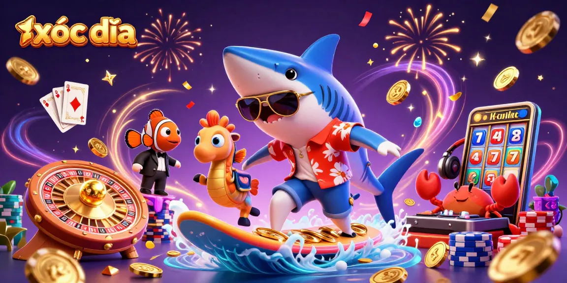 Experience excitement in xóc đĩa with colorful characters surfing on gold coins amidst festive celebrations.