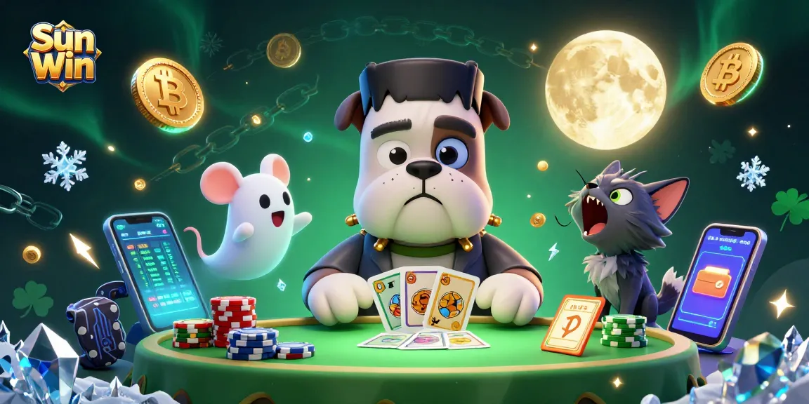 Experience the thrill of Sun Win as a bulldog dealer spreads cards amidst dazzling crypto coins and spooky visuals.