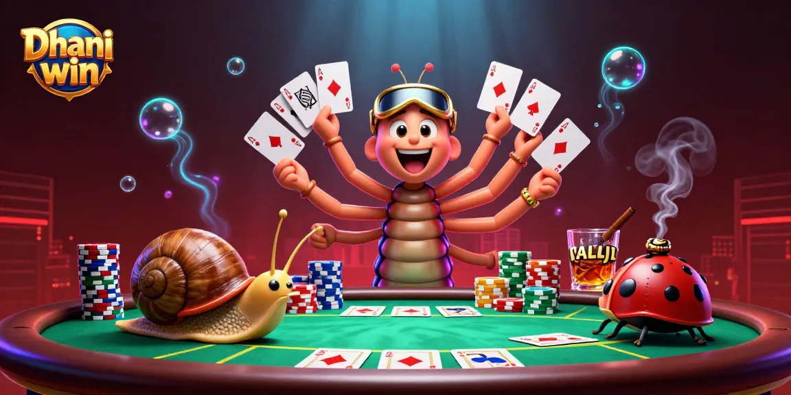 Dhani win engaging scene of a colorful casino with animated characters and vibrant poker elements.