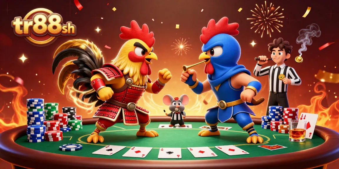 Experience the excitement of tr88 sh's casino with a vibrant, dynamic standoff between samurai and ninja roosters.