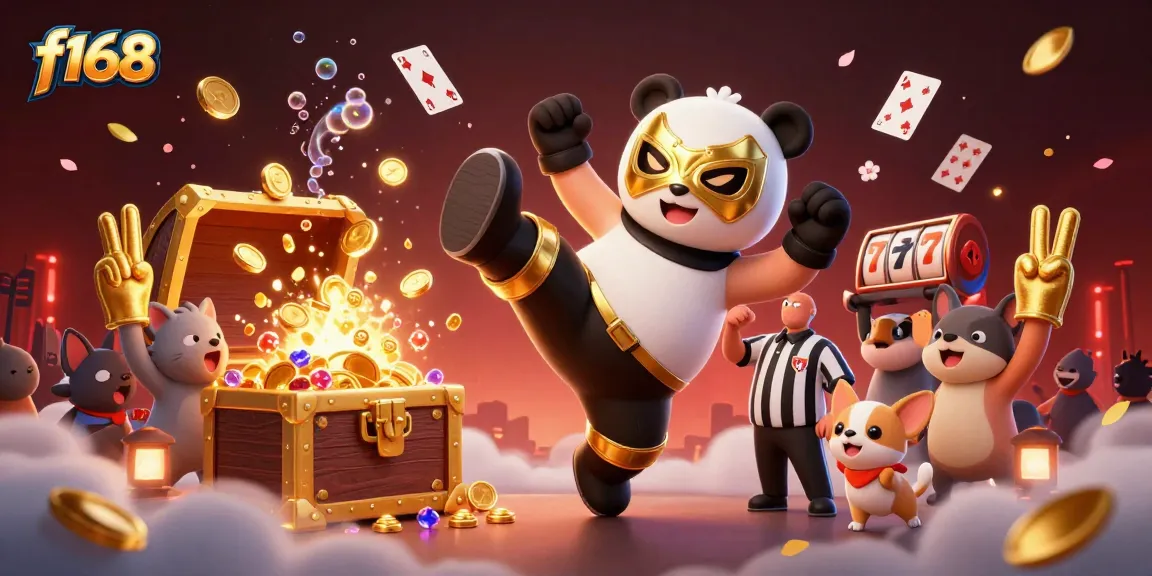 Experience thrilling moments at f168 with a panda superhero and exciting games in a vibrant casino scene.